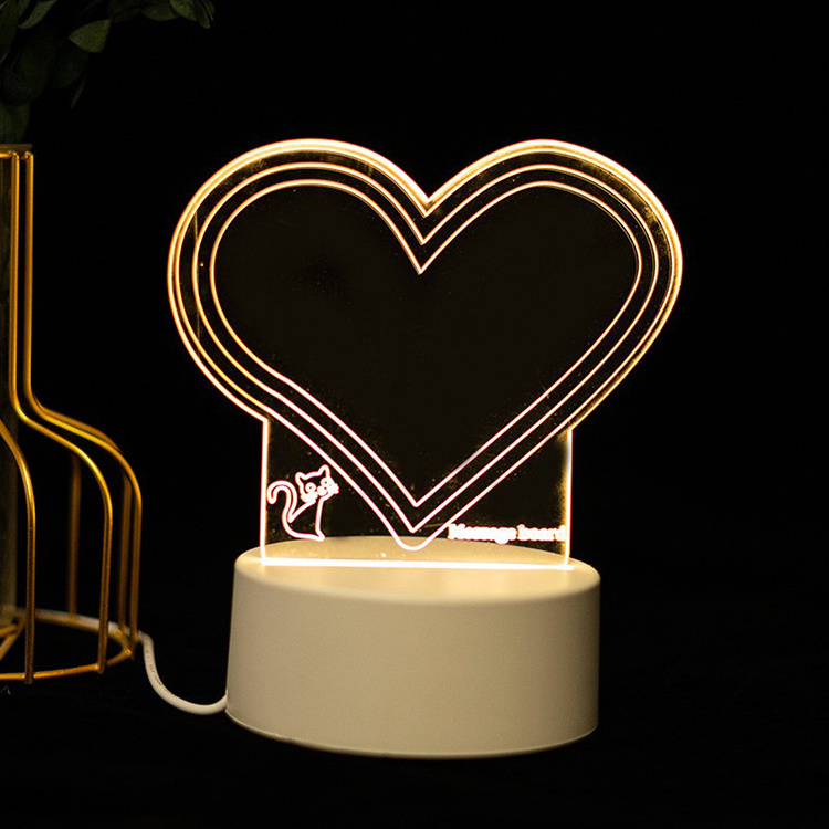 Creative Rewritable Memo 3d Acrylic Desk Lamp Personalized Heart Blank Message Panel Note Board Write Led Night Light With Base