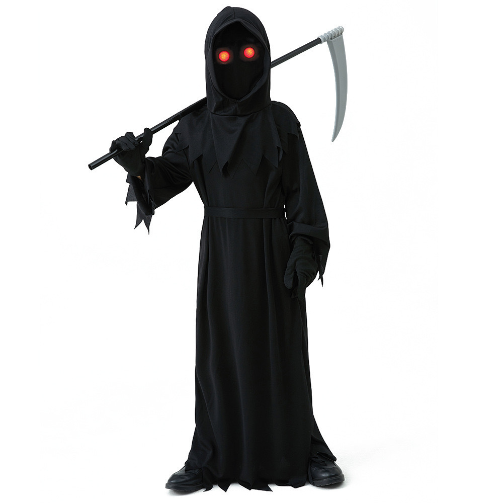 Glowing Eyes Grim Reaper Costume for Kids and Adult Dark Knight Reaper Phantom Costume for Halloween Dress Up