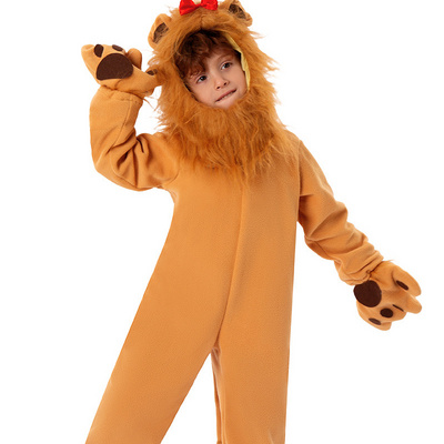 Animal role Play lion Cosplay Brown Plush Jumpsuit Costume with Headgear Outfit Funny Kid Halloween cowardly lion