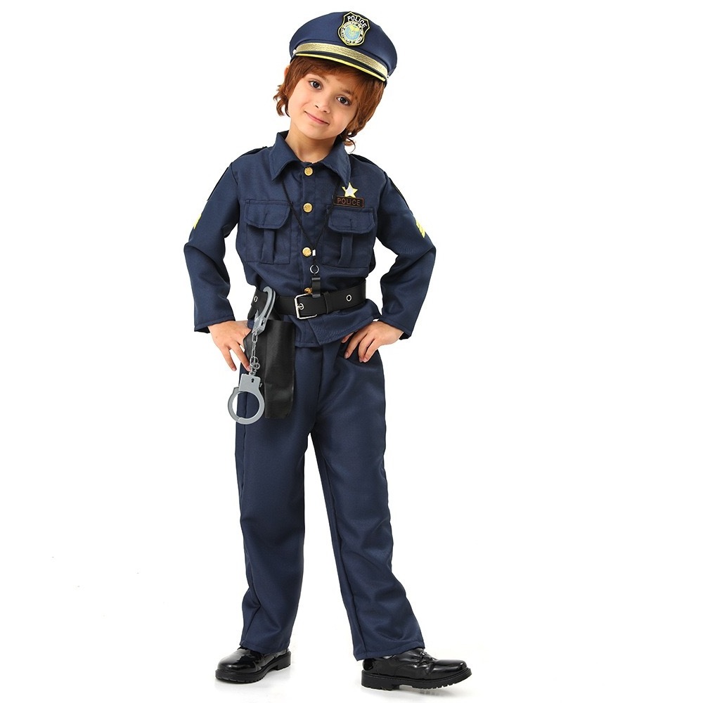 Hot Sale Child Career Day Cosplay Clothes with Walkie-talkie, Handcuffs, Belt Full Set Kids Policeman Costume for Halloween