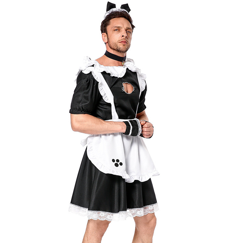 High Quality  French Anime Maid Apron Dress Uniform Lolita Fancy Dress Men Sexy Cat Maid Outfit Cosplay for Halloween or Party