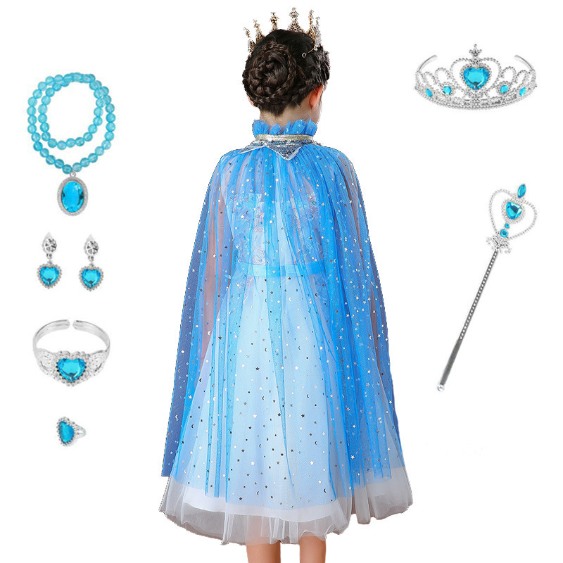 New Arrival Summer Soft Yarn Solid Color Star Sequins Fairy Cape with Accessories Set Elsa Princess Cloak for Kids Girls