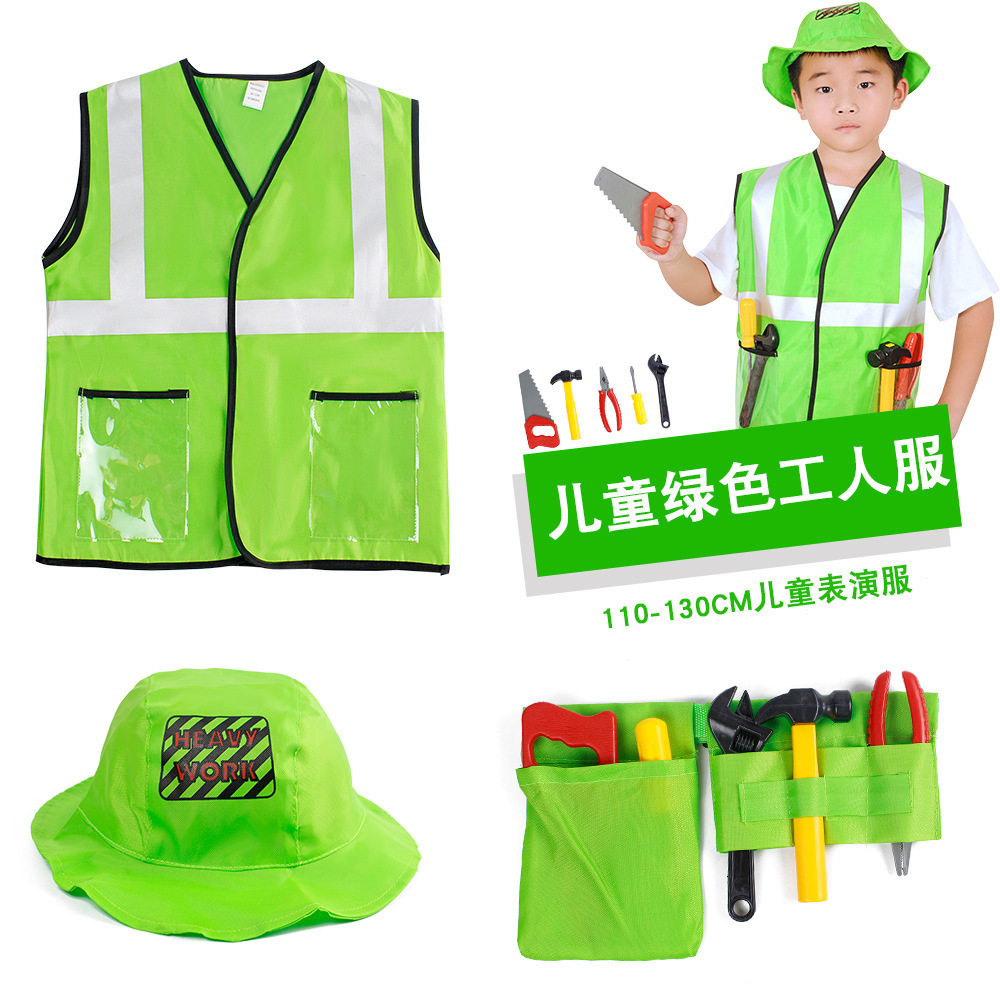 Hot Sale Child Career Day Cosplay Vest with Full Set Accessories Green Construction Workers Costume for Kids Boys