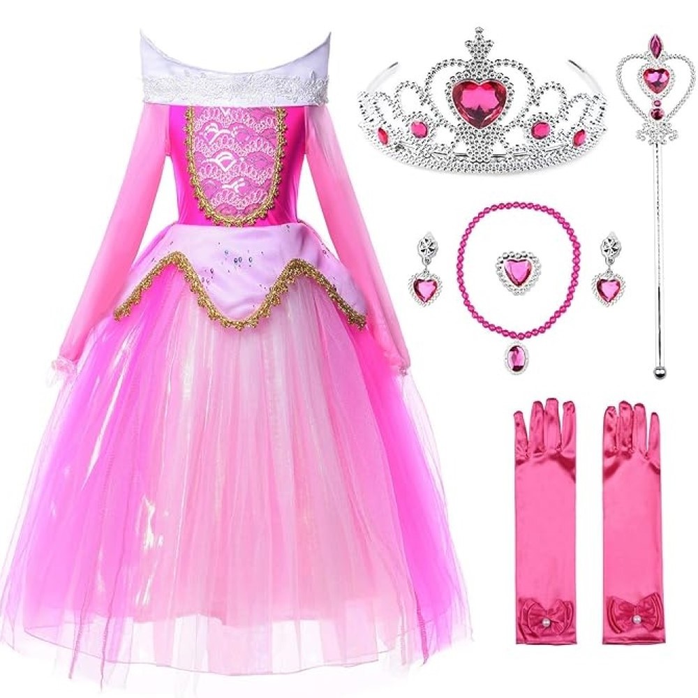 Princess Dress Up Costume Aurora Dress for Girls Halloween Cosplay Christmas Birthday Party Dress Pink Outfits