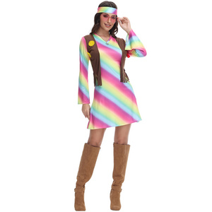 Hip Hop Singer Cosplay rainbow dress Retro Costume for Adult Girls Carnival Party dancer halloween