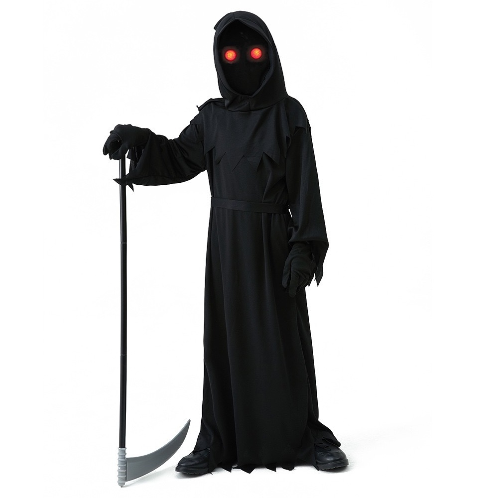 Glowing Eyes Grim Reaper Costume for Kids and Adult Dark Knight Reaper Phantom Costume for Halloween Dress Up