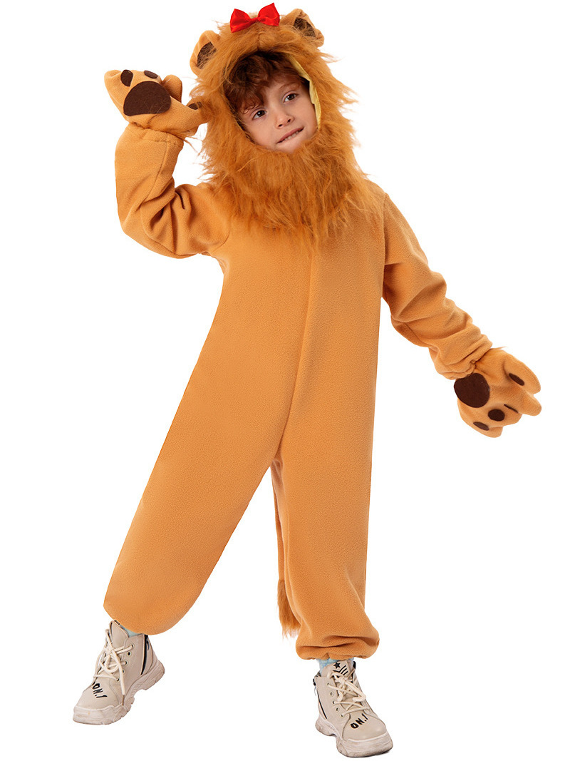 Animal role Play lion Cosplay Brown Plush Jumpsuit Costume with Headgear Outfit Funny Kid Halloween cowardly lion