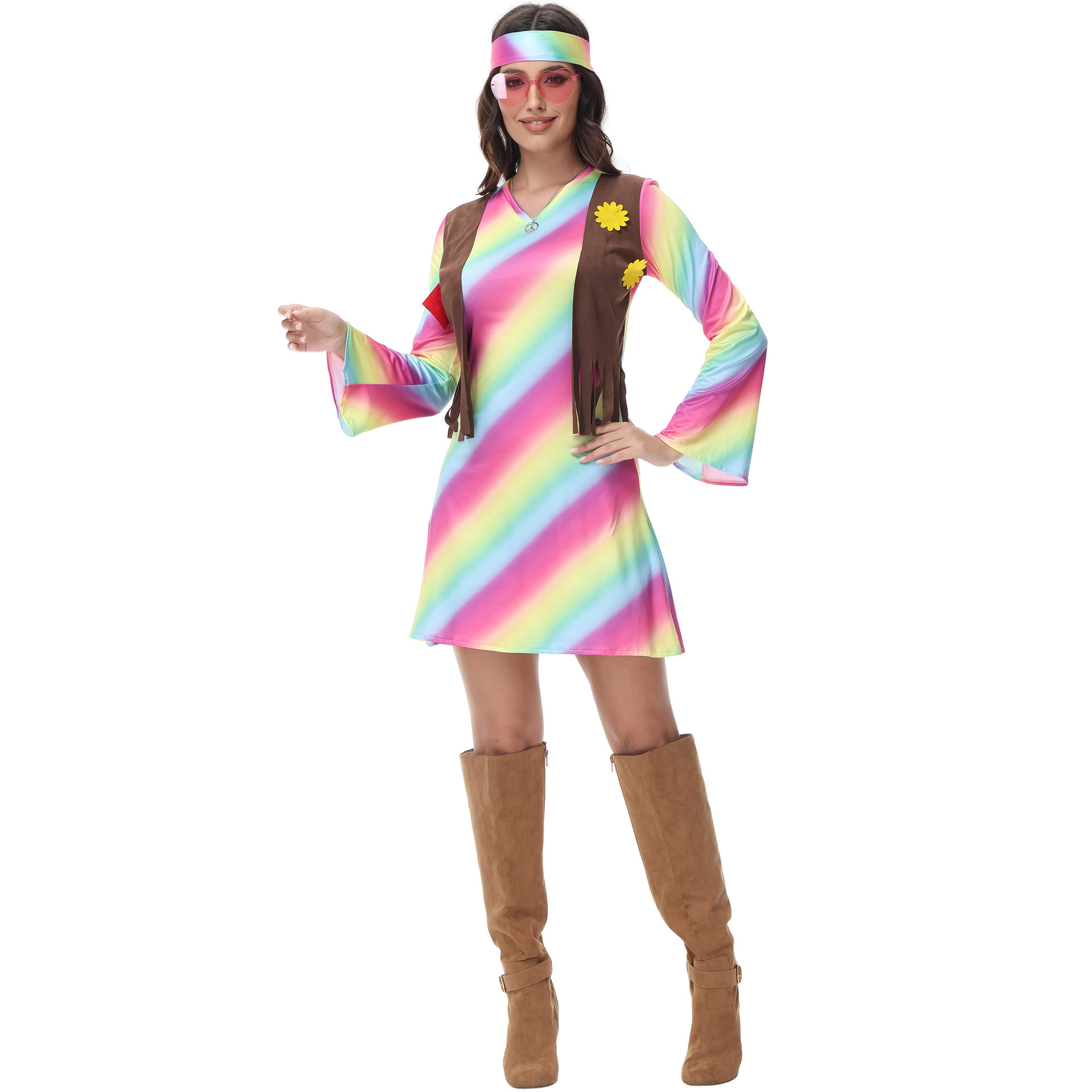 Hip Hop Singer Cosplay rainbow dress Retro Costume for Adult Girls Carnival Party dancer halloween