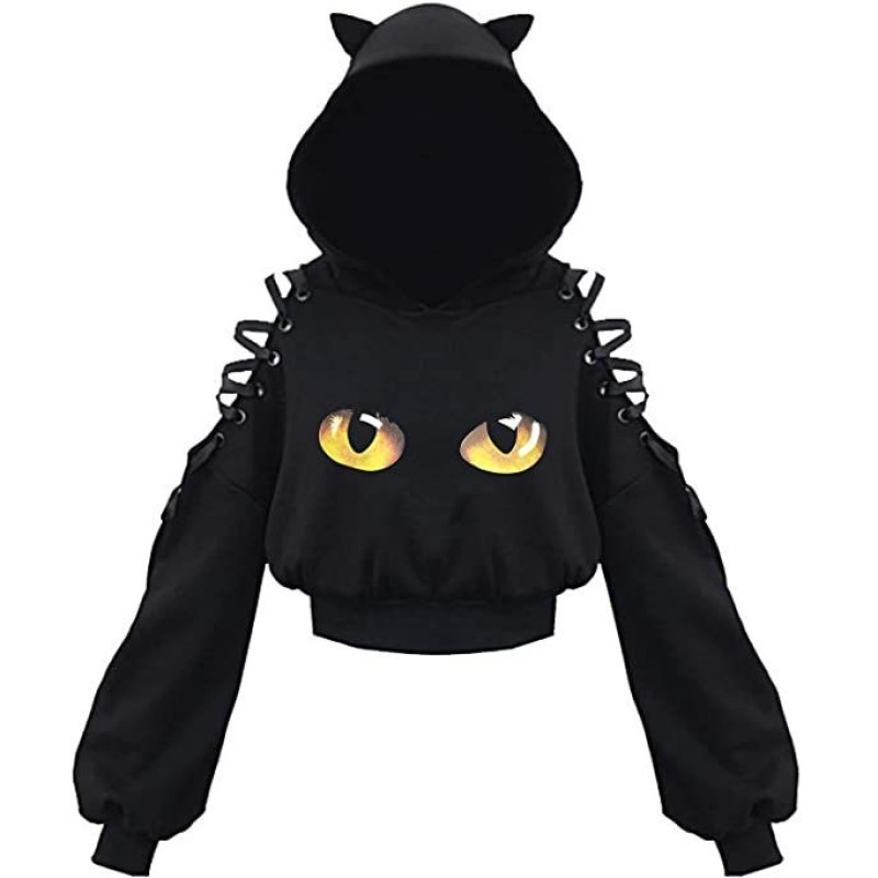 Women Teen Girls Cat Hoodie Sweatshirt Cute Cat Ear Sleeping Cat Printed Pullover Sweatshirt