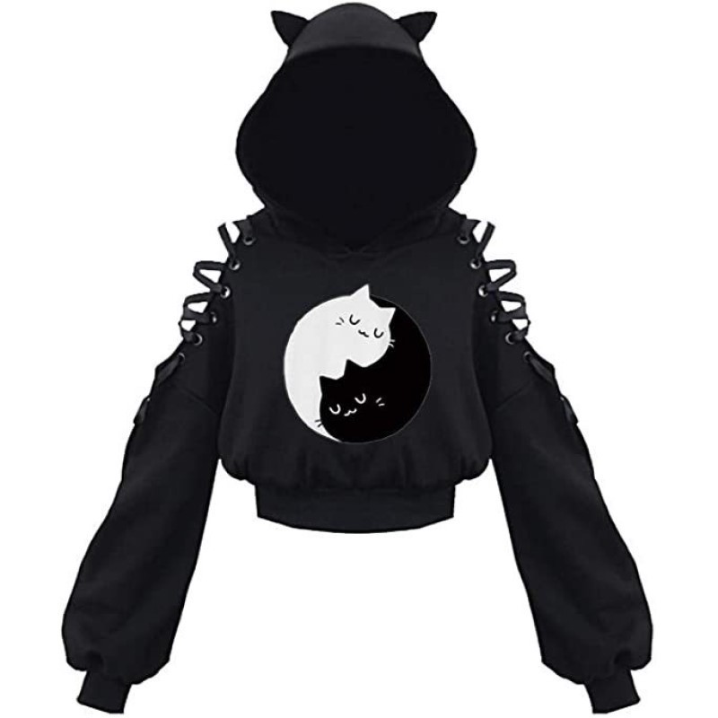 Women Teen Girls Cat Hoodie Sweatshirt Cute Cat Ear Sleeping Cat Printed Pullover Sweatshirt