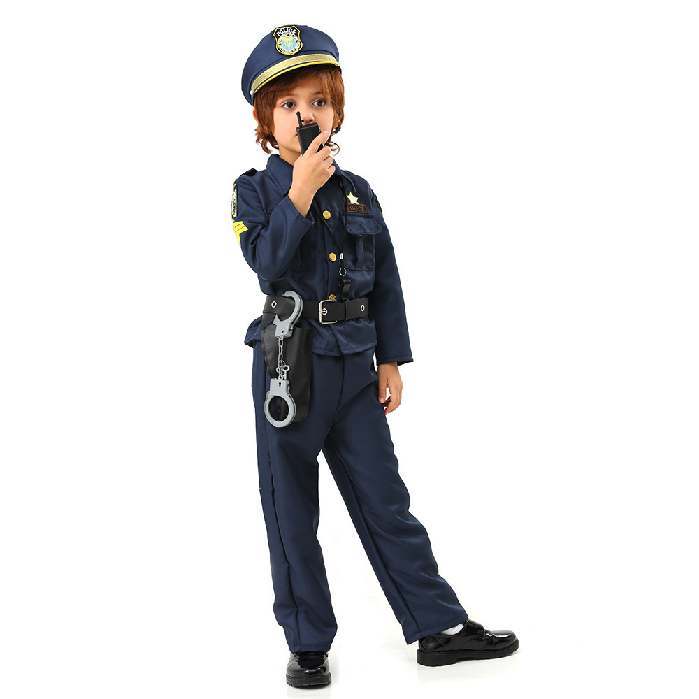 Hot Sale Child Career Day Cosplay Clothes with Walkie-talkie, Handcuffs, Belt Full Set Kids Policeman Costume for Halloween