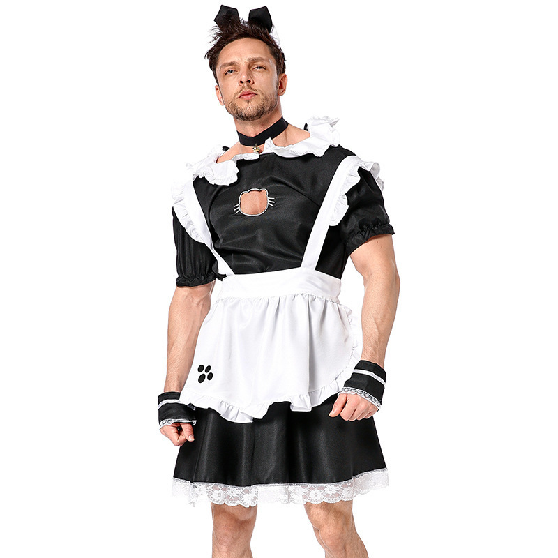 High Quality  French Anime Maid Apron Dress Uniform Lolita Fancy Dress Men Sexy Cat Maid Outfit Cosplay for Halloween or Party