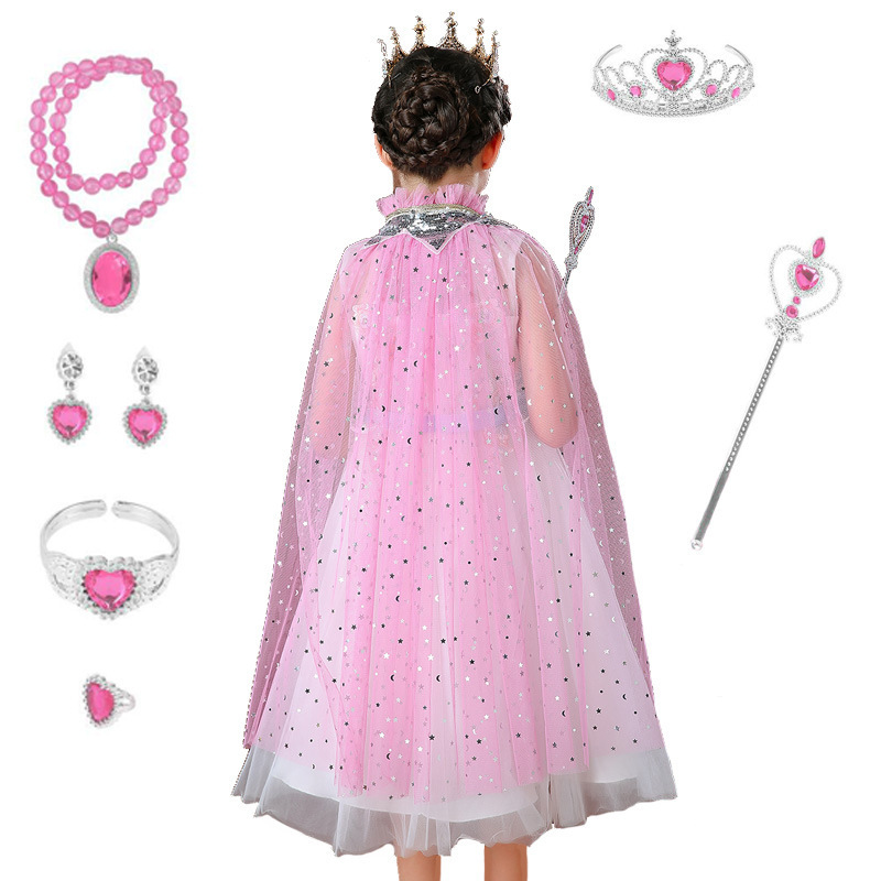 New Arrival Summer Soft Yarn Solid Color Star Sequins Fairy Cape with Accessories Set Elsa Princess Cloak for Kids Girls