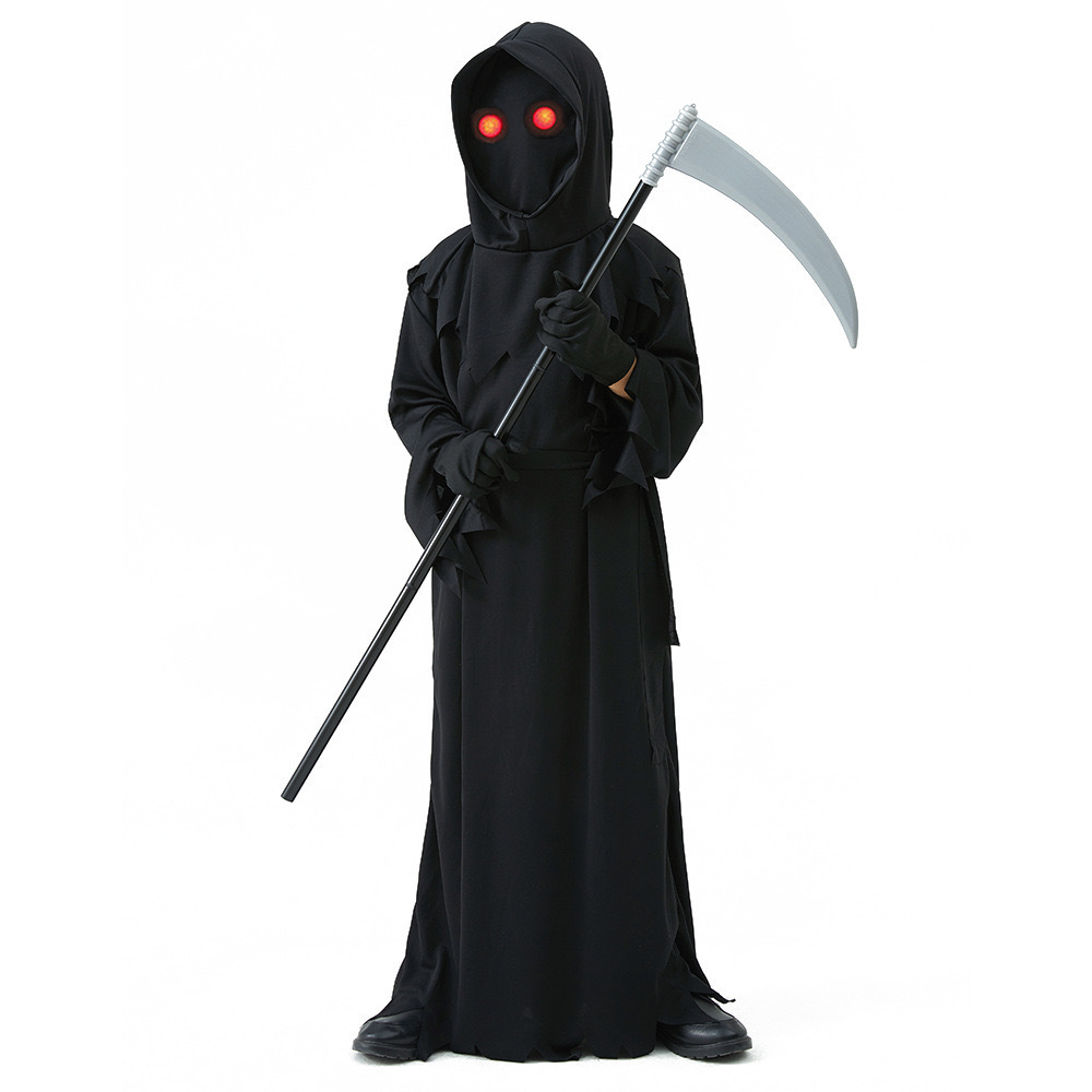 Glowing Eyes Grim Reaper Costume for Kids and Adult Dark Knight Reaper Phantom Costume for Halloween Dress Up