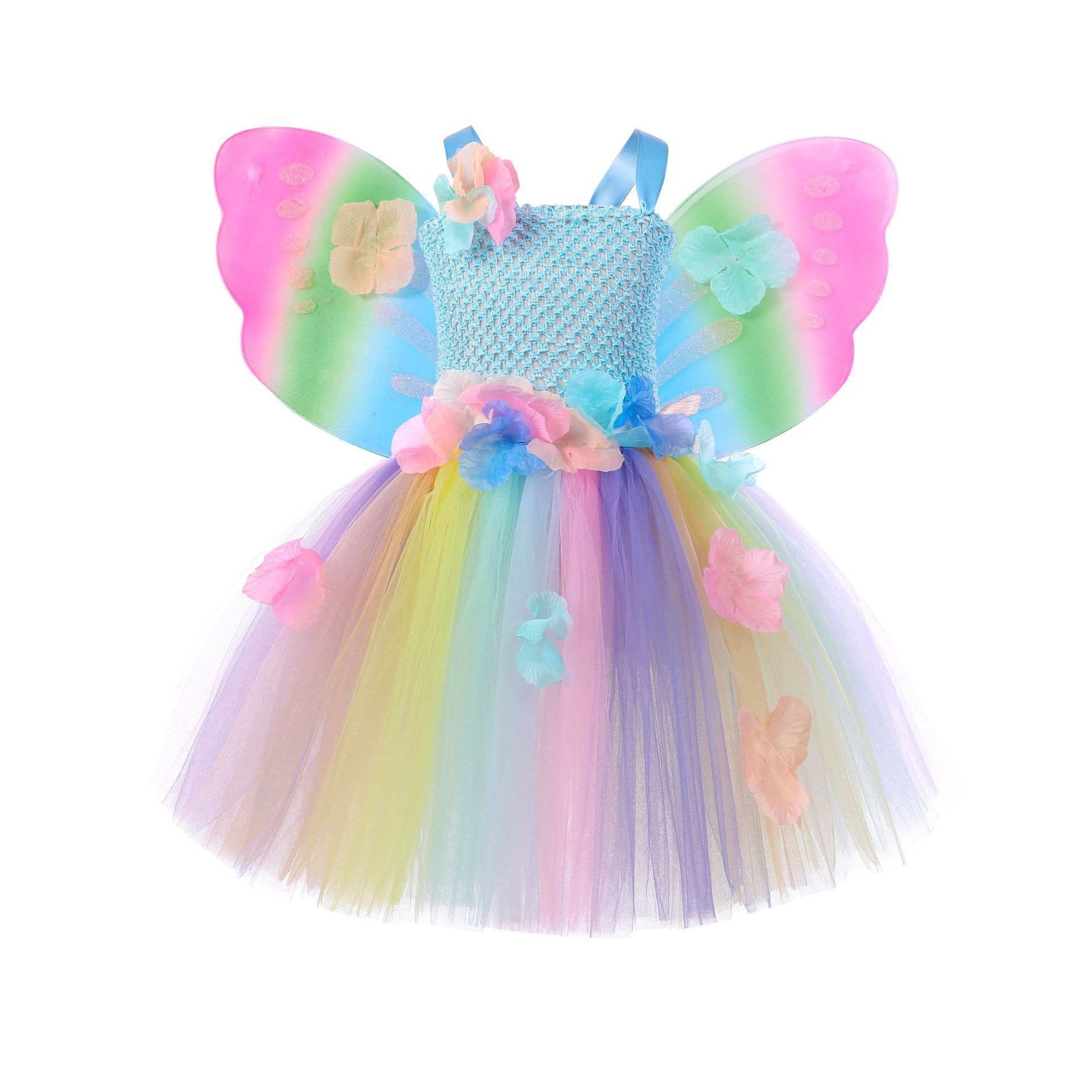 Little Girls Butterfly Fairy  Princess Costume Rainbow Mesh Dress Halloween Costumes with wings