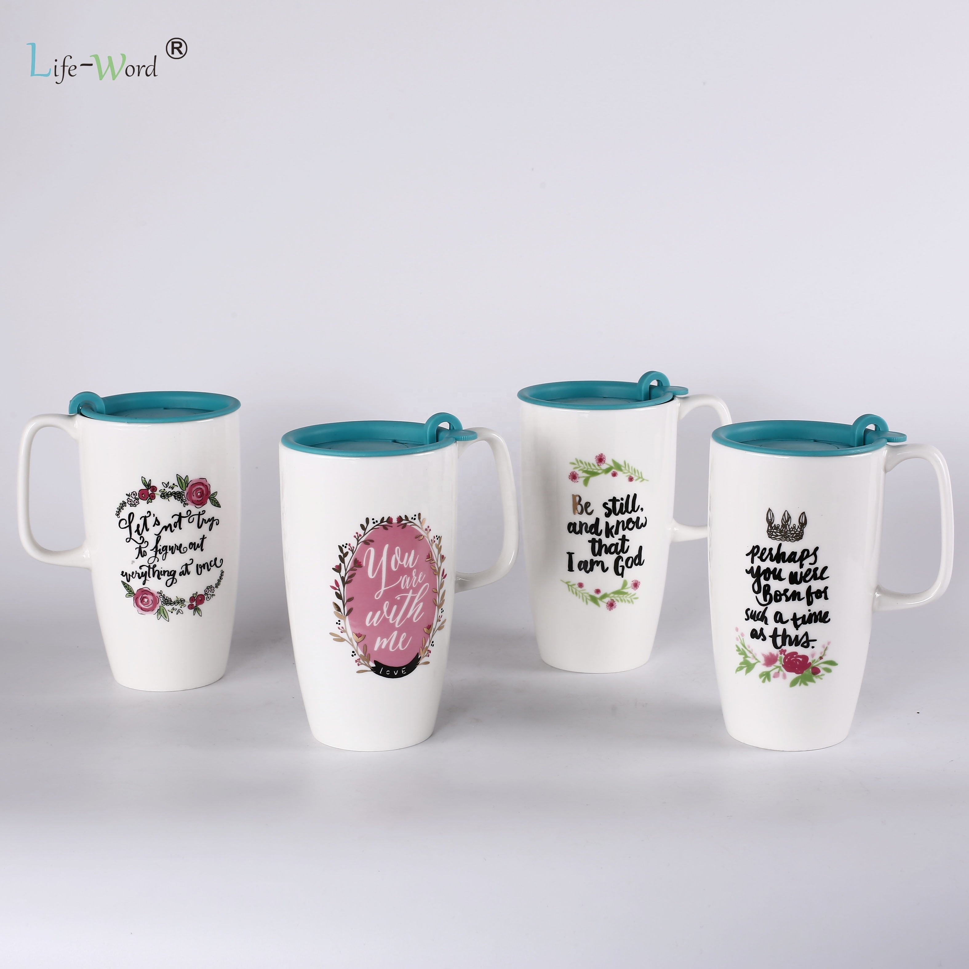 2024 best selling flower design private label porcelain coffee mugs customize 16oz tall ceramic cup with plastic lid