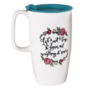 2024 best selling flower design private label porcelain coffee mugs customize 16oz tall ceramic cup with plastic lid