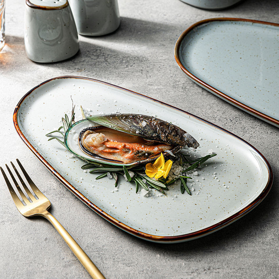 Crockery Dinnerware Ceramic Tableware Teller Set Grey Nordic Speckled Style Luxury Porcelain Dinner Set