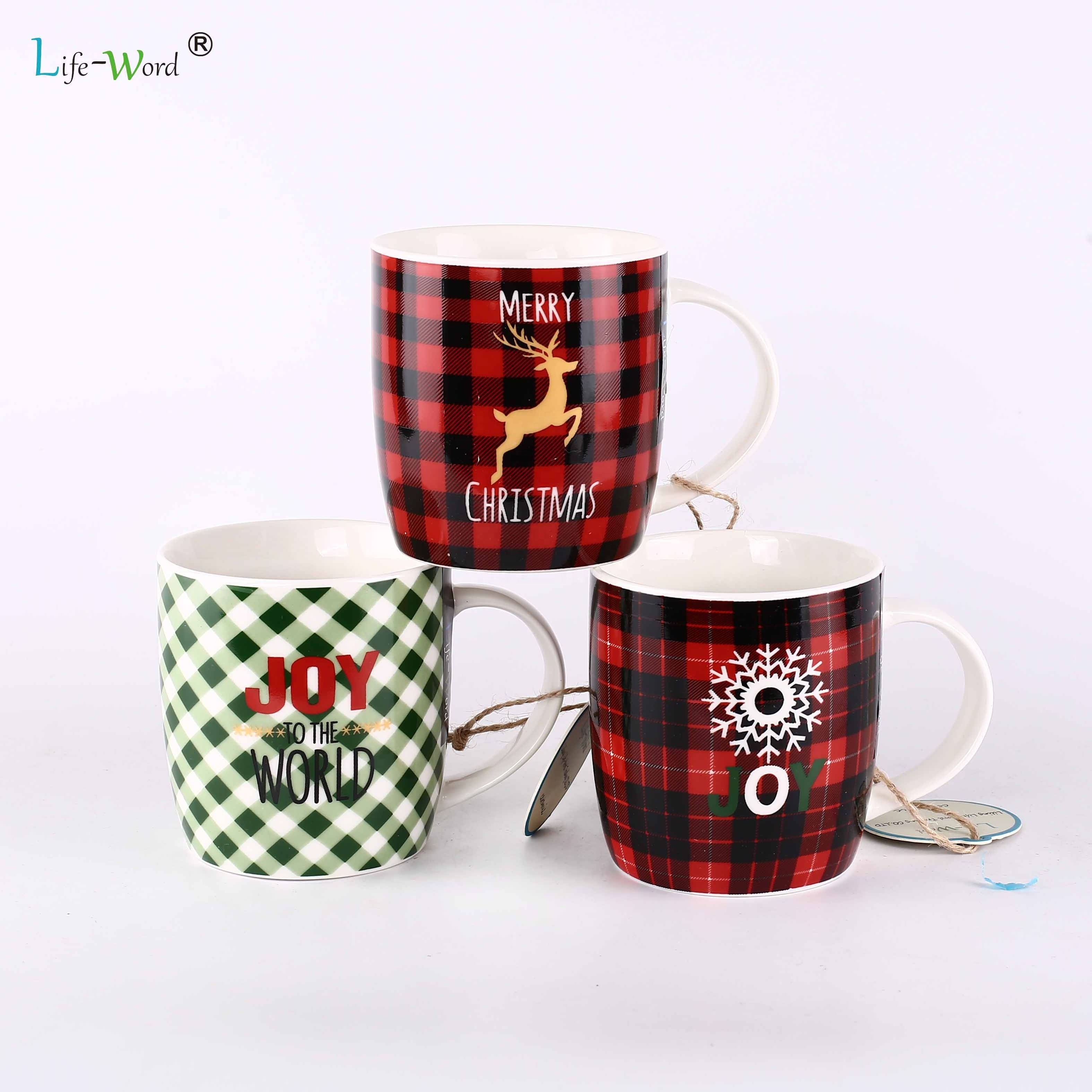 Red Grid Modern Style Customized Gifts Creative Advertising Wholesale White Ceramic Mug Bulk Christmas Mug