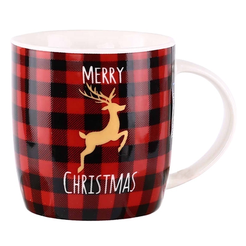 Red Grid Modern Style Customized Gifts Creative Advertising Wholesale White Ceramic Mug Bulk Christmas Mug