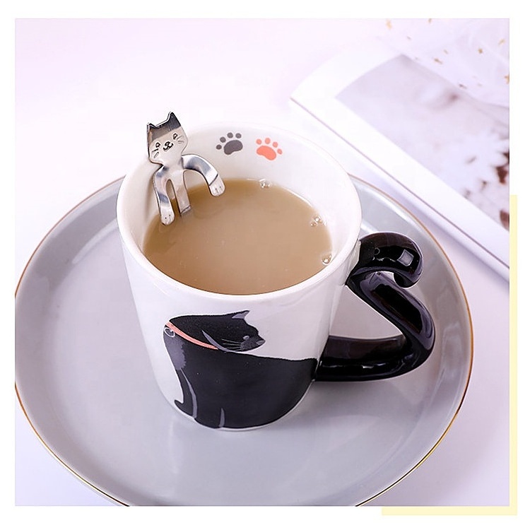 Creative Funny Animal Cat Shaped Coffee Mugs with Hand Printed Designs 12 ounce Ceramic mug