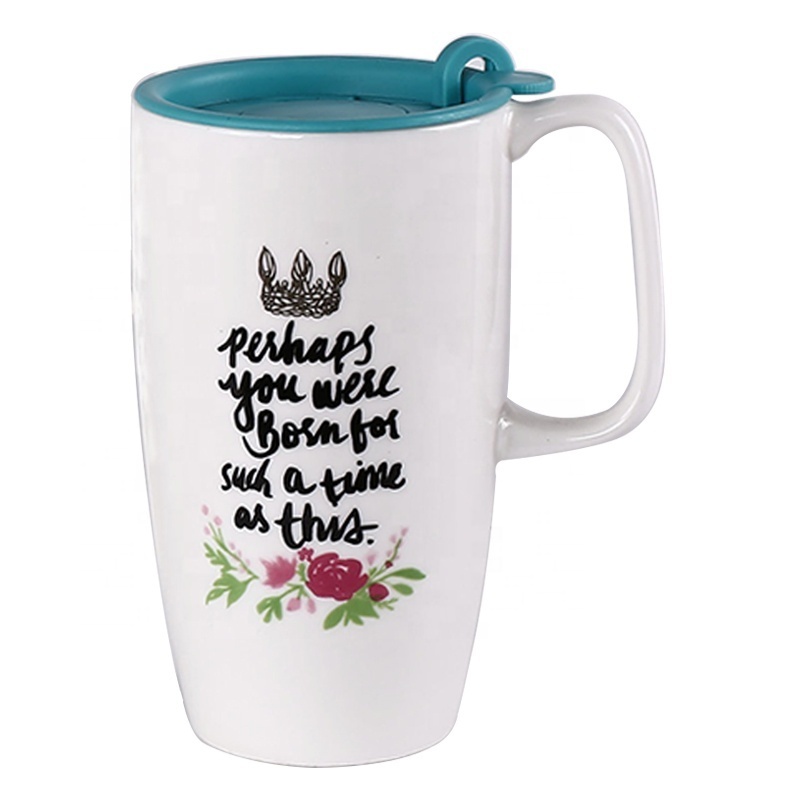 2024 best selling flower design private label porcelain coffee mugs customize 16oz tall ceramic cup with plastic lid