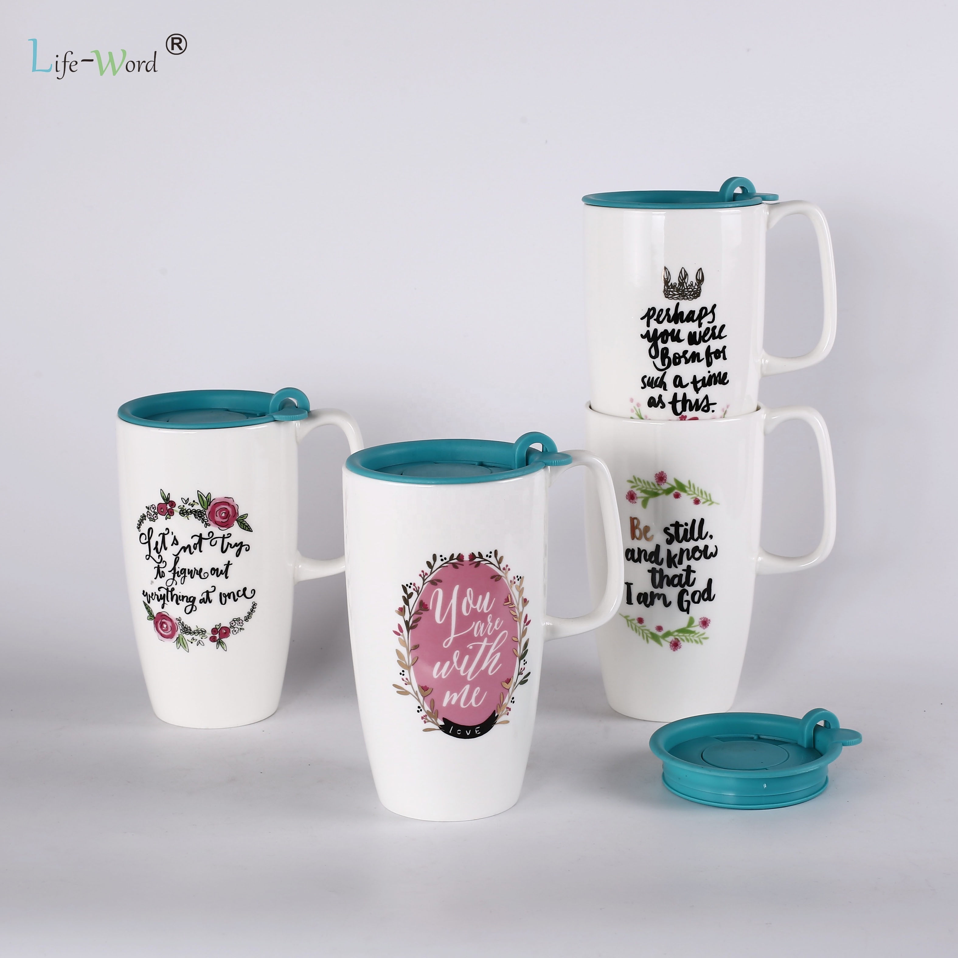 2024 best selling flower design private label porcelain coffee mugs customize 16oz tall ceramic cup with plastic lid