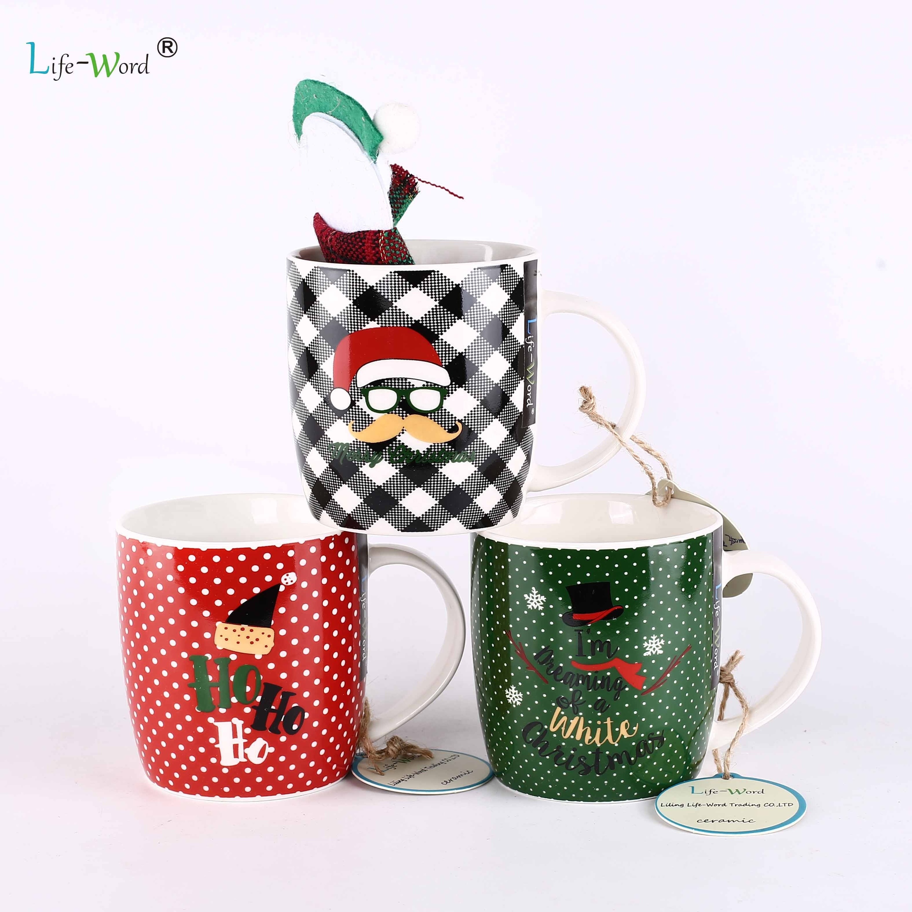 Red Grid Modern Style Customized Gifts Creative Advertising Wholesale White Ceramic Mug Bulk Christmas Mug