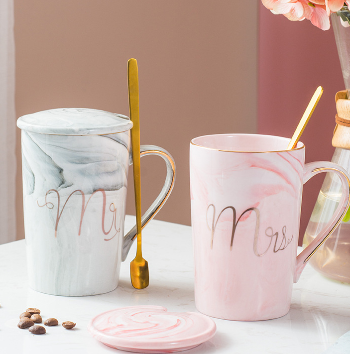 Custom marble cup printed porcelain personalized design ceramic mr mrs marbled coffee couple gift mugs set