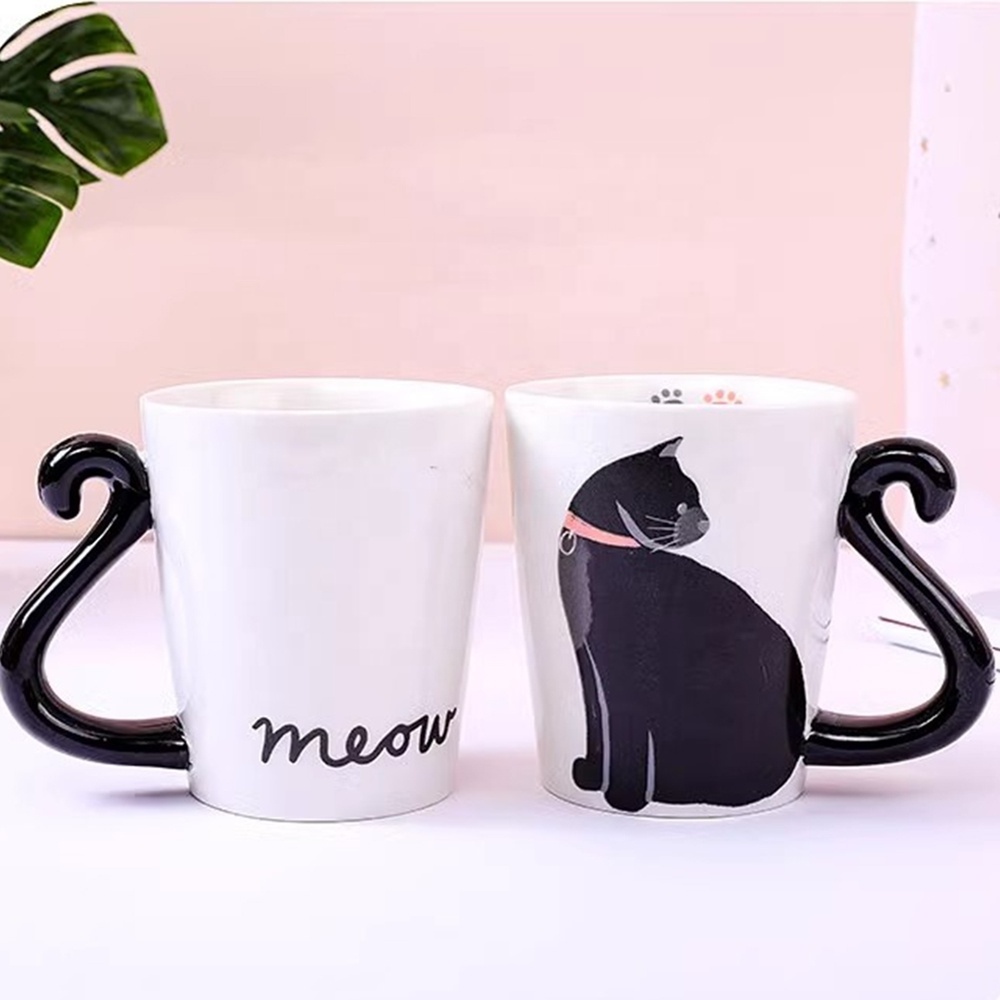 Creative Funny Animal Cat Shaped Coffee Mugs with Hand Printed Designs 12 ounce Ceramic mug