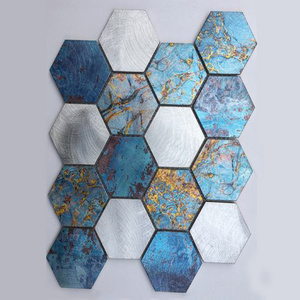 Aluminum Style Peel And Stick Backsplash wall hexagon Glass mix Metal Mosaic Tile Al. mosaic peel and stick