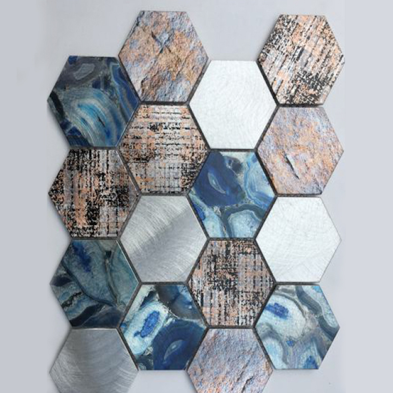 Aluminum Style Peel And Stick Backsplash wall hexagon Glass mix Metal Mosaic Tile Al. mosaic peel and stick