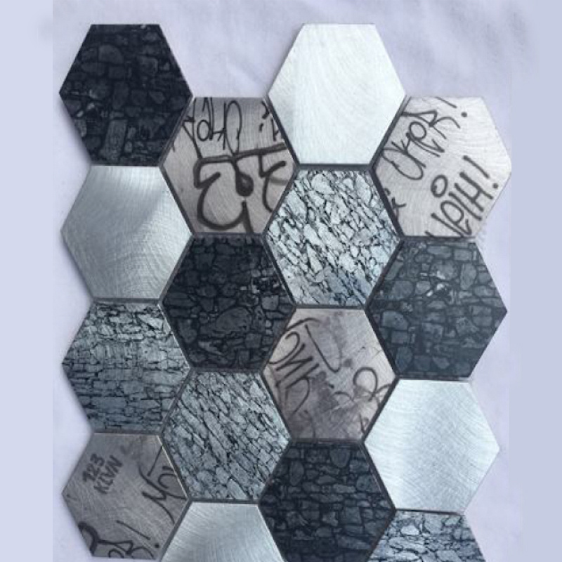 Aluminum Style Peel And Stick Backsplash wall hexagon Glass mix Metal Mosaic Tile Al. mosaic peel and stick