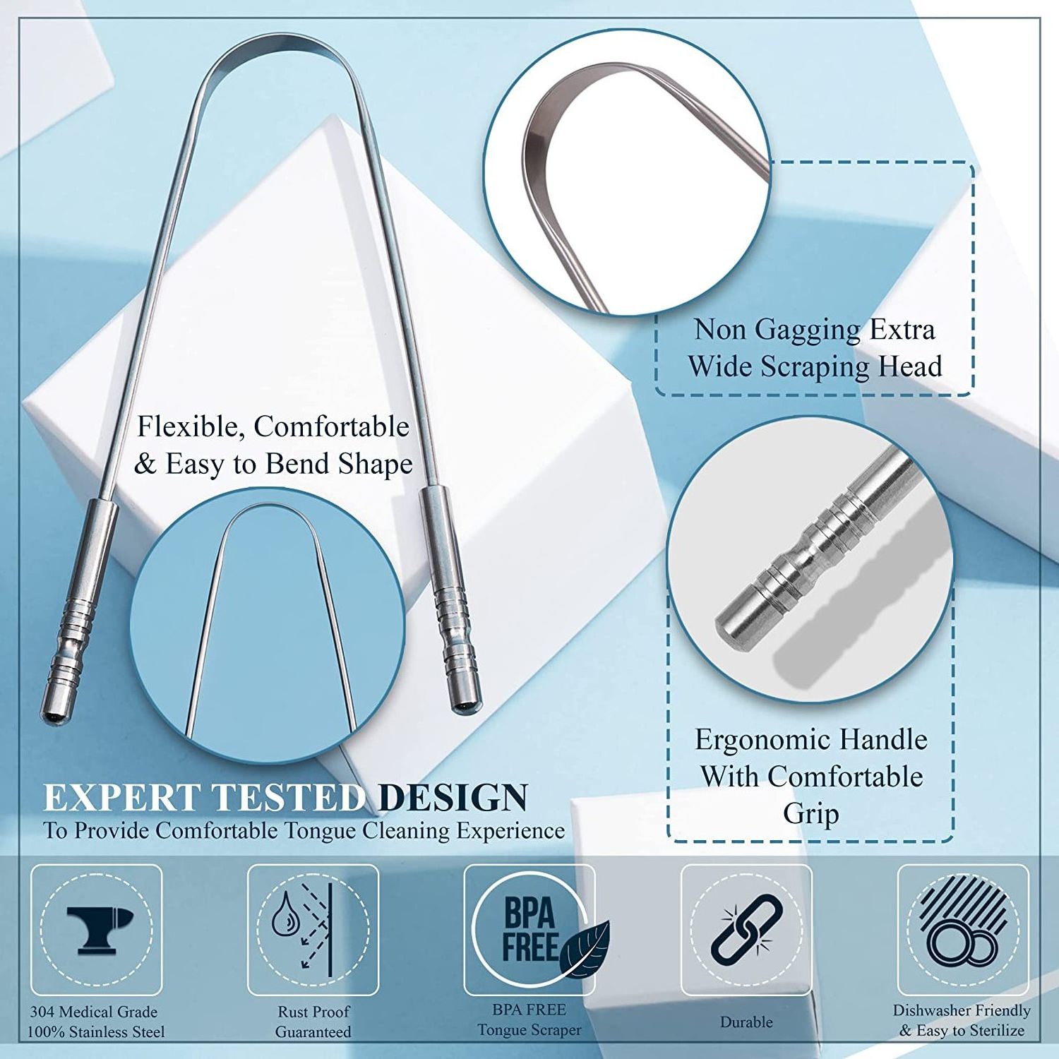 Bad Breath Treatment Tongue Scraper for Adults, Medical Grade Stainless Steel for Oral Care Easy to Use Tongue Cleaner