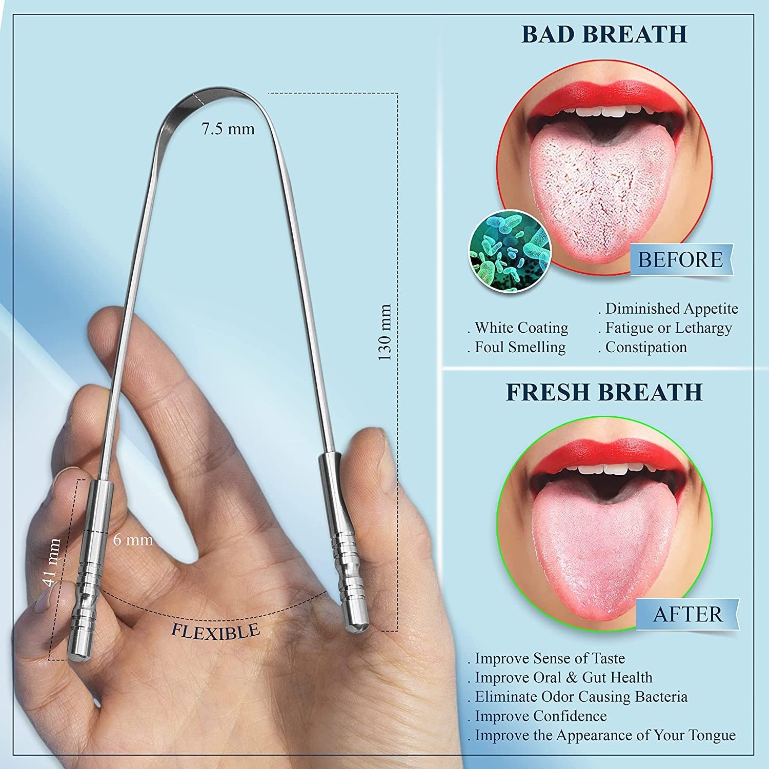 Bad Breath Treatment Tongue Scraper for Adults, Medical Grade Stainless Steel for Oral Care Easy to Use Tongue Cleaner