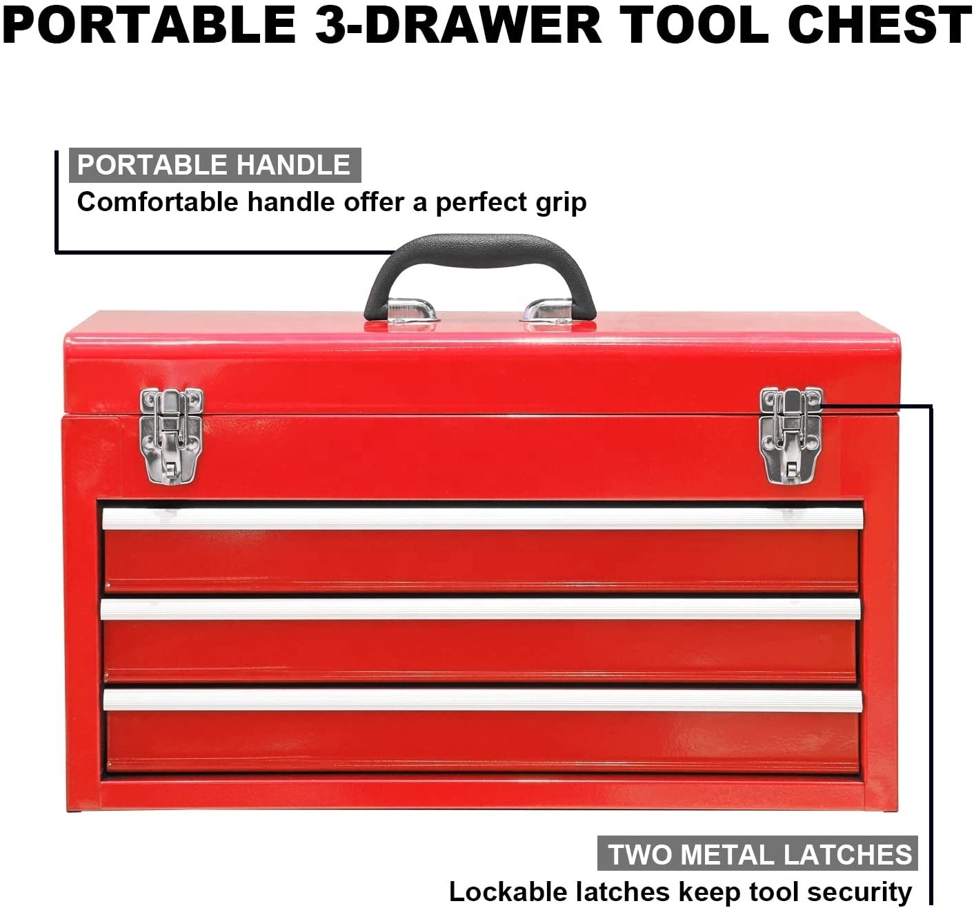 Portable 3 Drawer Steel Metal Tool Box with Metal Latch Closure for Tools Storage