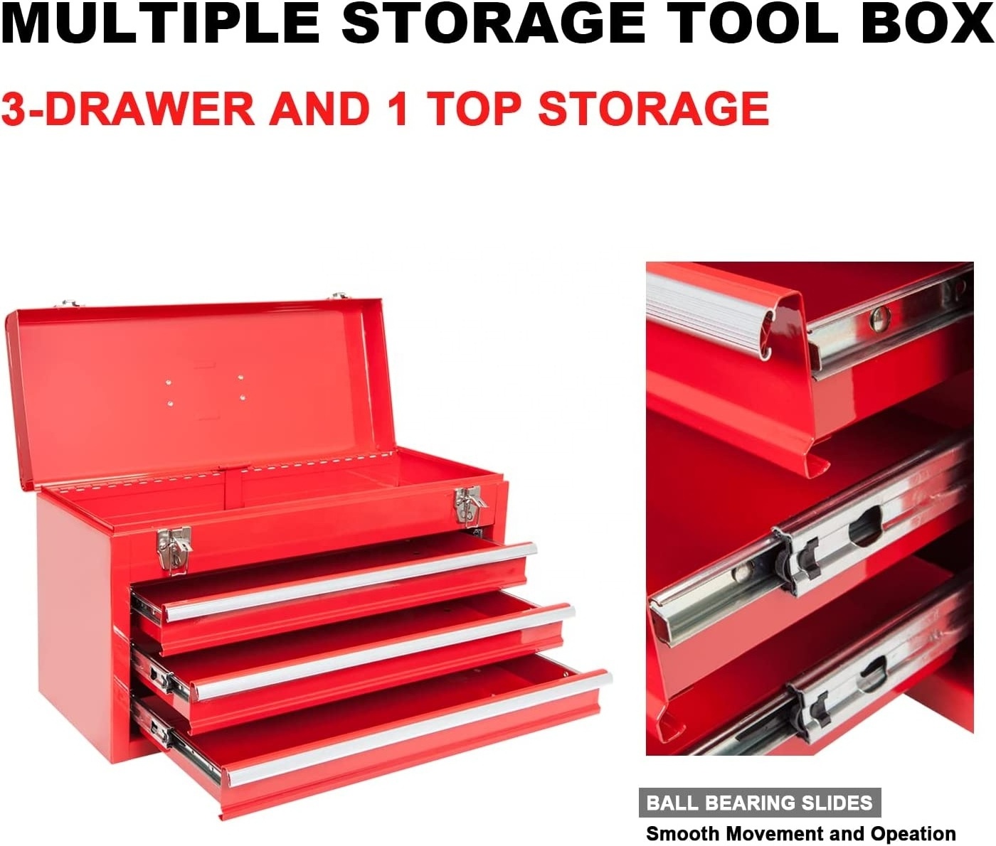 Portable 3 Drawer Steel Metal Tool Box with Metal Latch Closure for Tools Storage