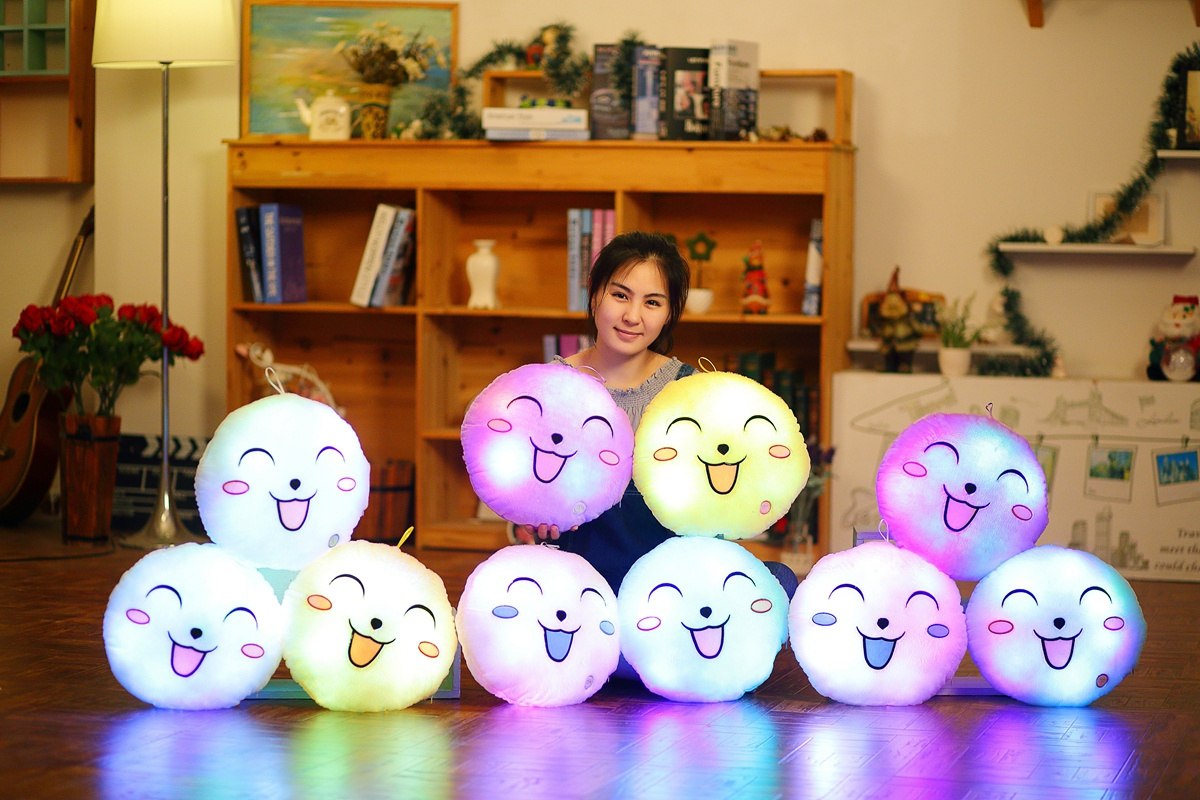 Cartoon lovely colorful round smiling face glowing pillow plush toy led toy pillow