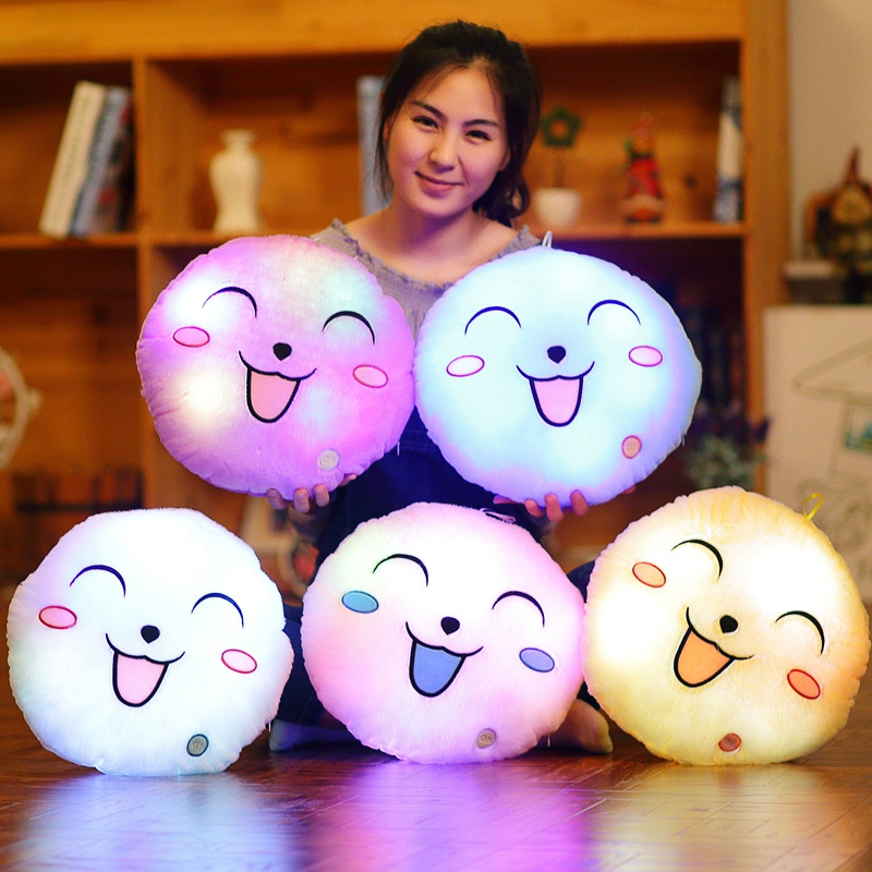 Cartoon lovely colorful round smiling face glowing pillow plush toy led toy pillow