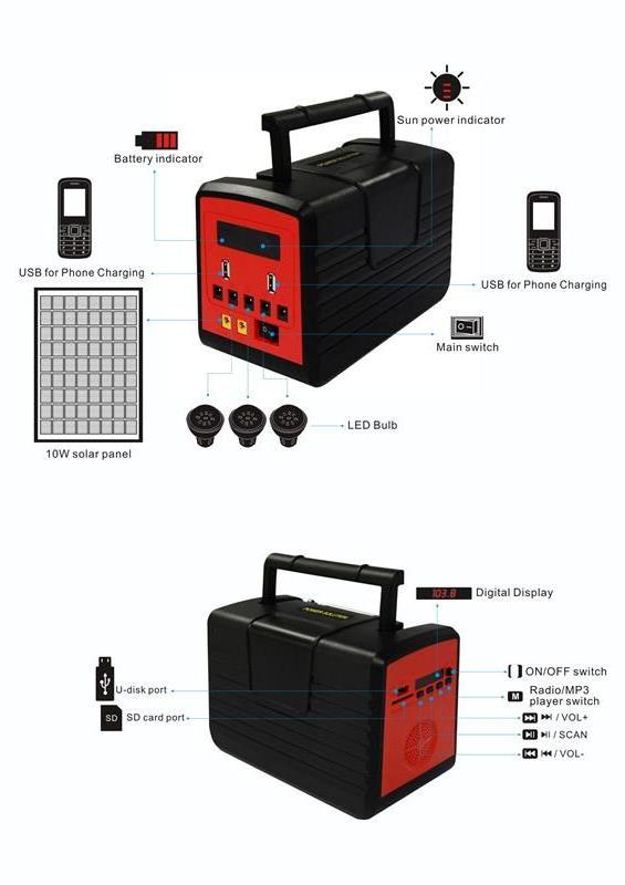 10W solar light products with FM radio phone charging and ran DC fan off grid solar power system home energy