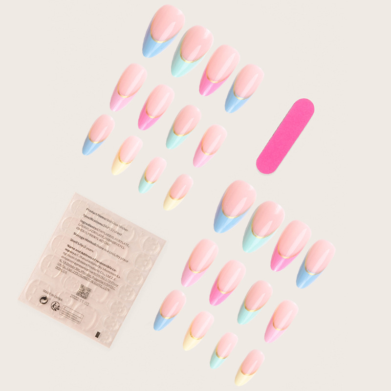 Short Round Press on Nails Oval Fake Nails Glossy Glue on Nails Colorful French Tip Acrylic Artificial Rainbow Edge Stick on