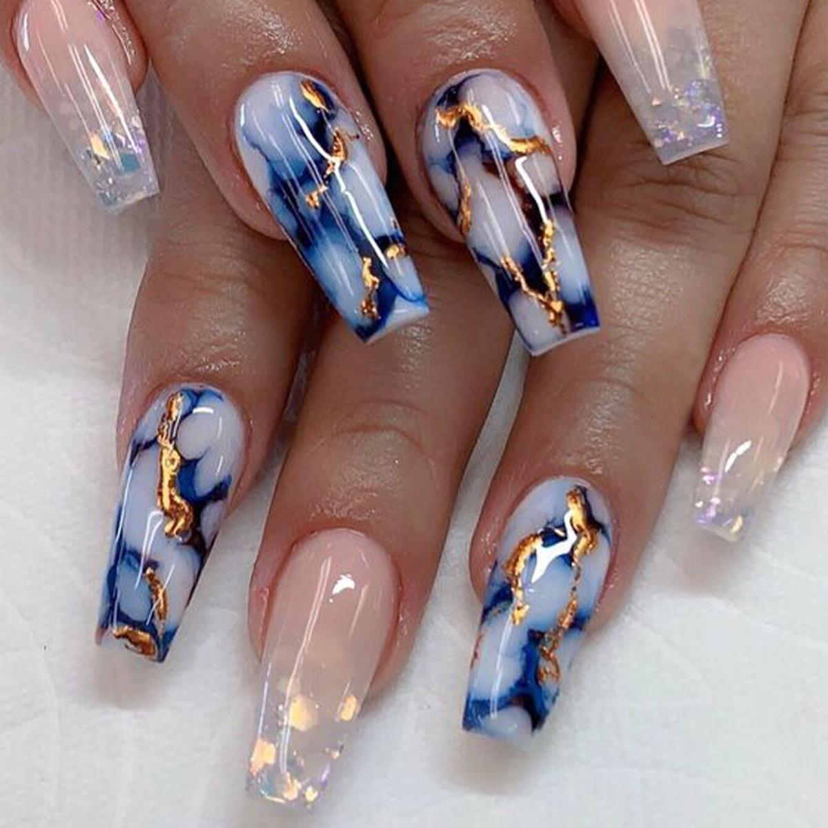 Purple White Gradient Marble Acrylic Medium Press on False Nails Coffin Full Cover Nude Designs Glossy Glue Long Stick Tip 24PCS