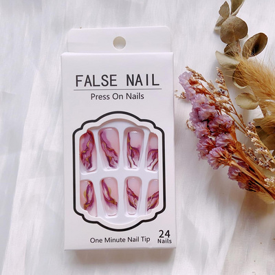 Purple White Gradient Marble Acrylic Medium Press on False Nails Coffin Full Cover Nude Designs Glossy Glue Long Stick Tip 24PCS