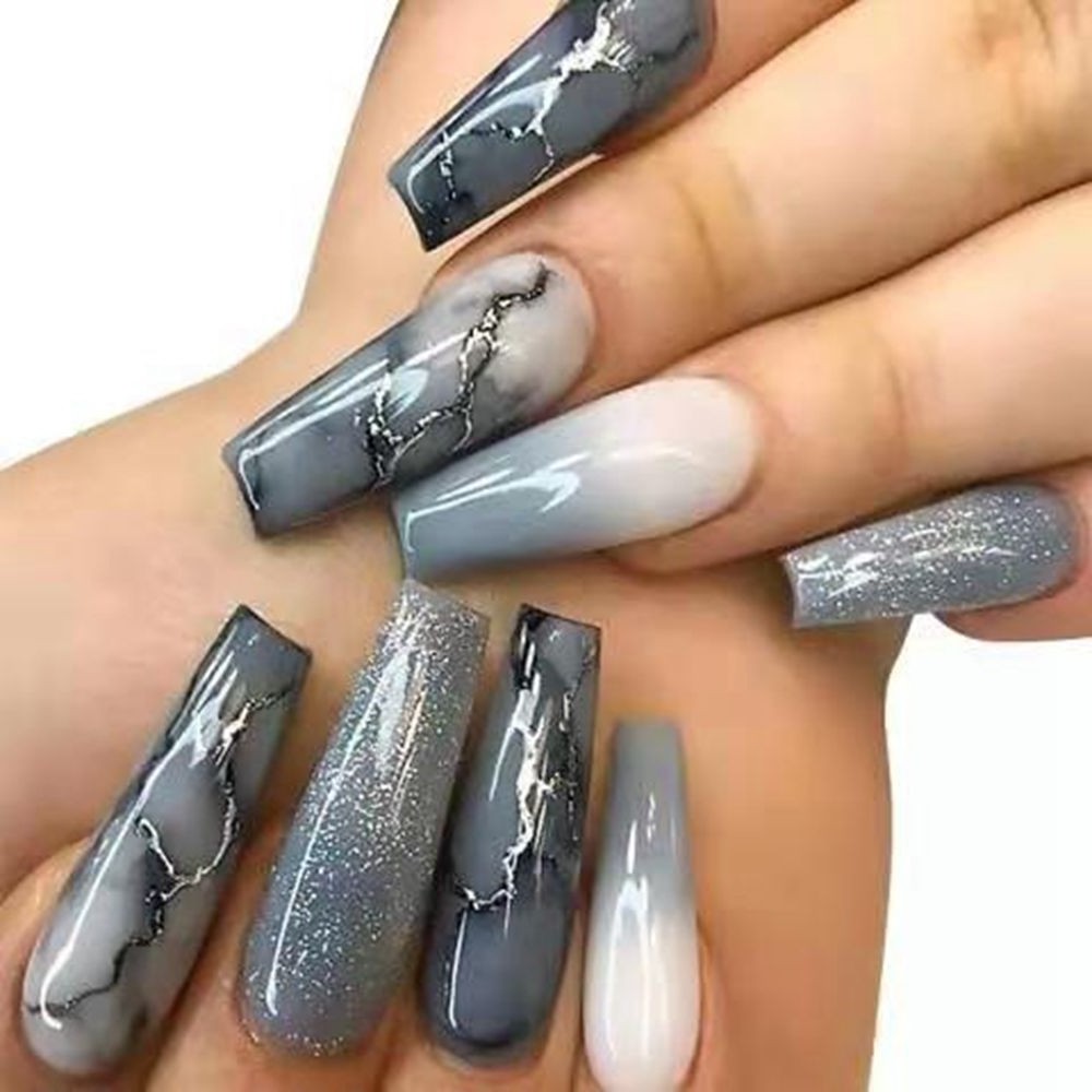 Purple White Gradient Marble Acrylic Medium Press on False Nails Coffin Full Cover Nude Designs Glossy Glue Long Stick Tip 24PCS