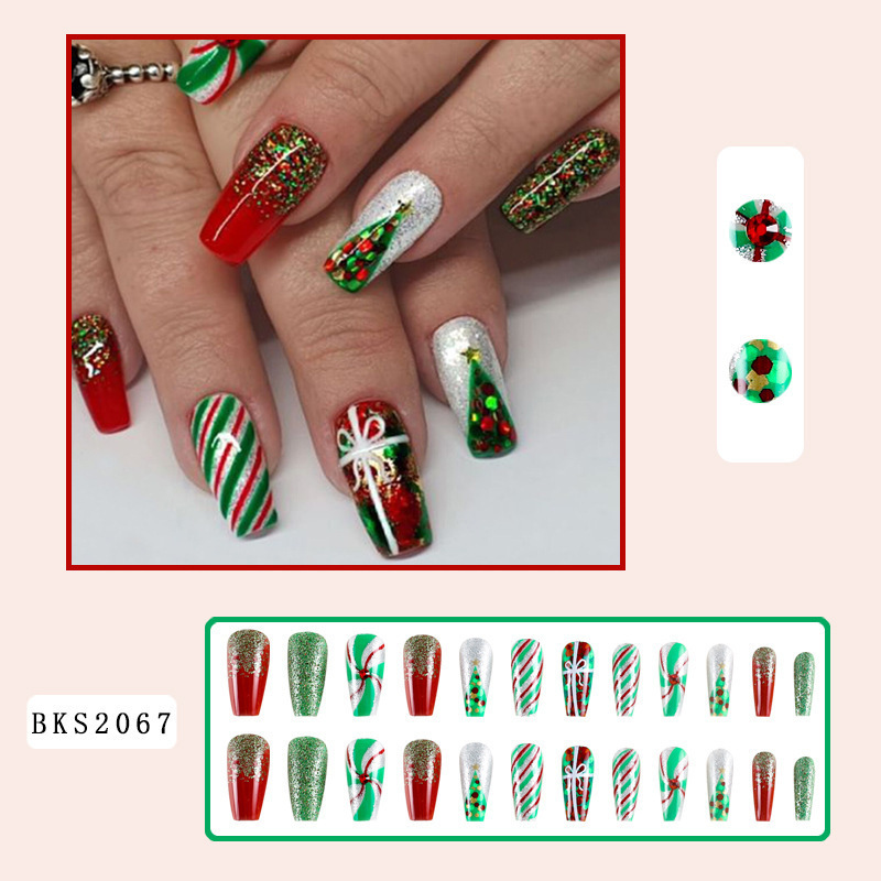 Christmas Square Fake Nails Short Press on Nails Xmas Green Red Silver Glue on Glitter False Nails Rhinestone Christmas Tr