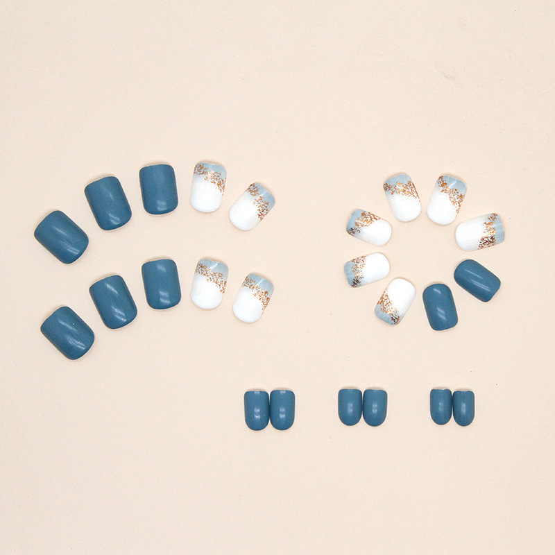 Square Press on Nails Short Squoval Fake Nails Glossy Glue on Set Blue Acrylic Sea Bling Glitter Stick on False Nails