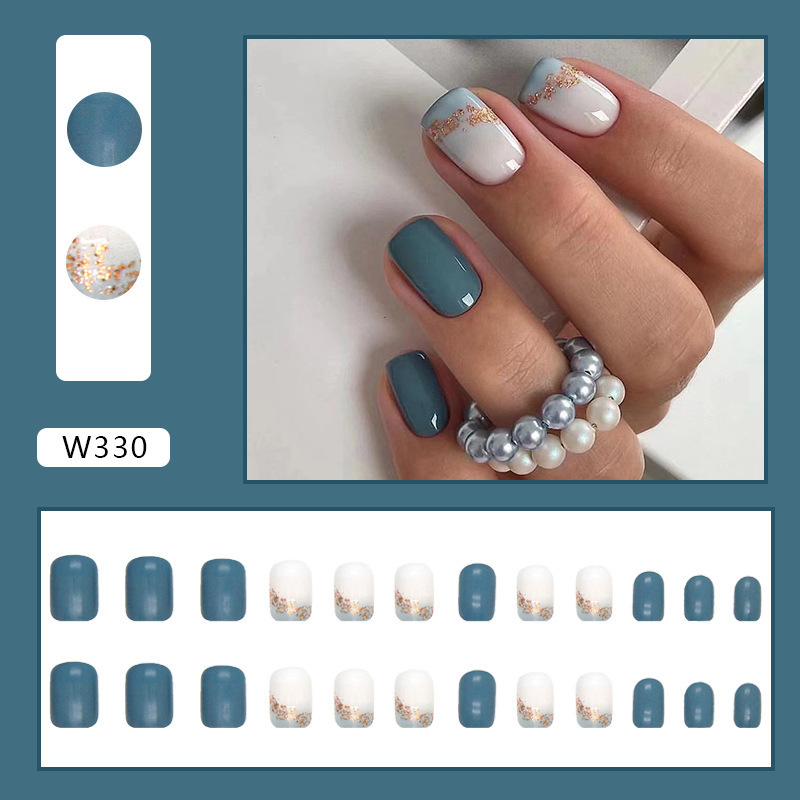 Square Press on Nails Short Squoval Fake Nails Glossy Glue on Set Blue Acrylic Sea Bling Glitter Stick on False Nails