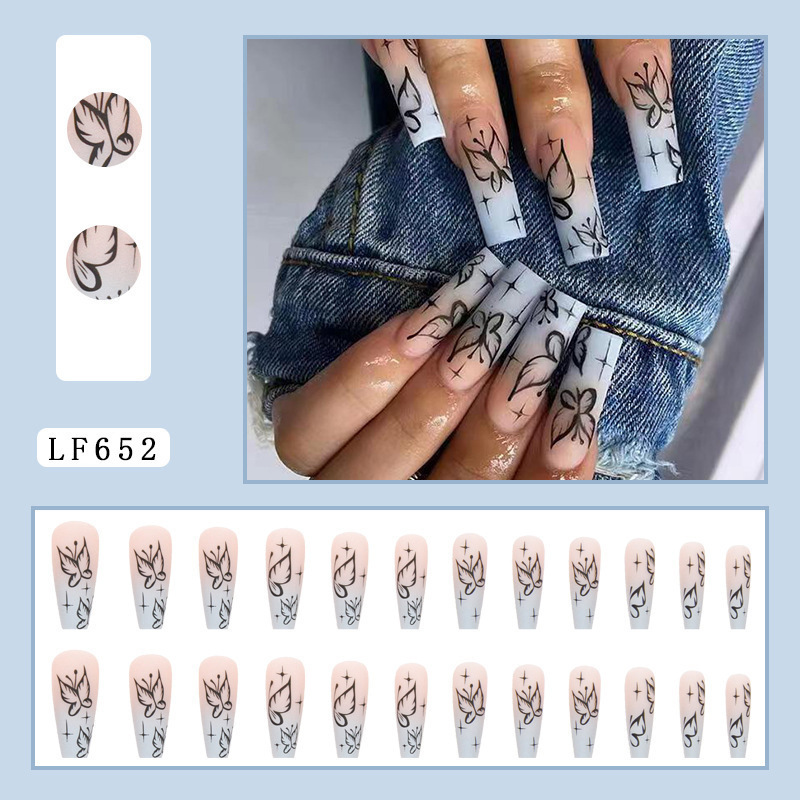 New designer long ballerina artificial nails black butterfly press on nails with jelly glue sticker