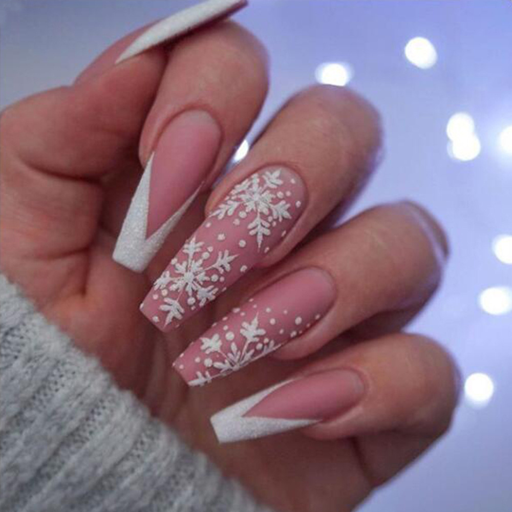 Christmas press on nails pink snowflakes long ballerina artificial fake nails stick on nails design