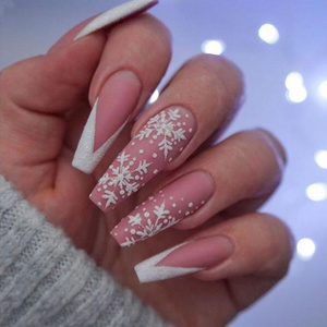 Christmas press on nails pink snowflakes long ballerina artificial fake nails stick on nails design